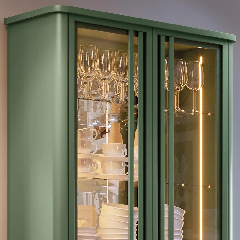 Cristaleira 2 Portas de Vidro Pé em Aço Dourado Lucie Verde Pistache H01 - D'Rossi