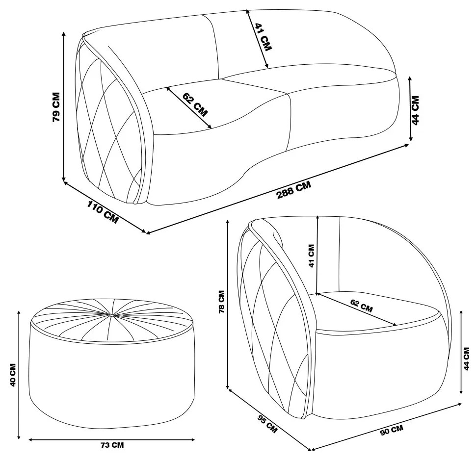 Conjunto Decorativo Sofá 288cm e Poltrona Clarke com Puff Round Veludo Rosê G45 - Gran Belo