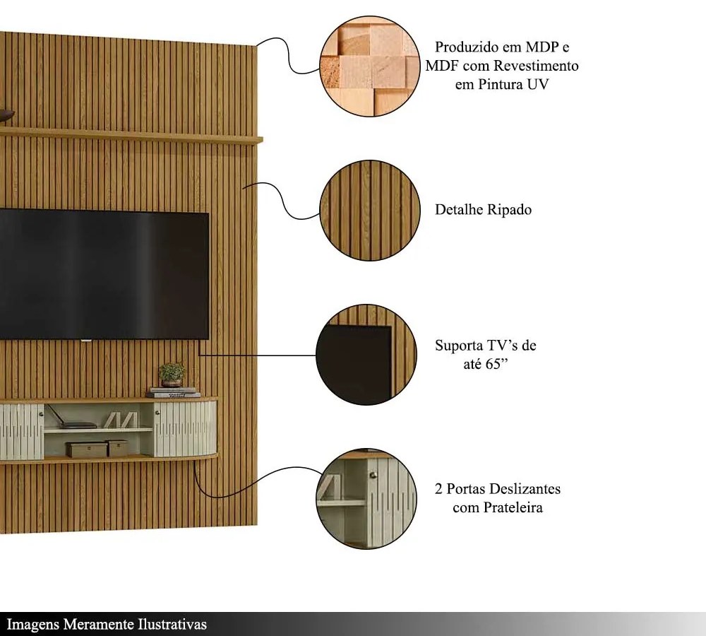 Home Theater Killua 2 Portas Deslizantes MDP até 65 Cumaru/Opala G97 - Gran Belo