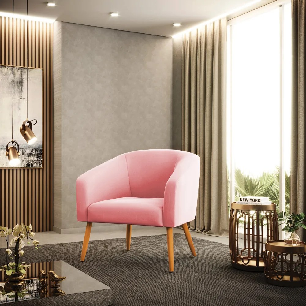 Poltrona Decorativa Pé Palito Castanho kit 2 Stella Suede Rosa Bebê D03 - D'Rossi