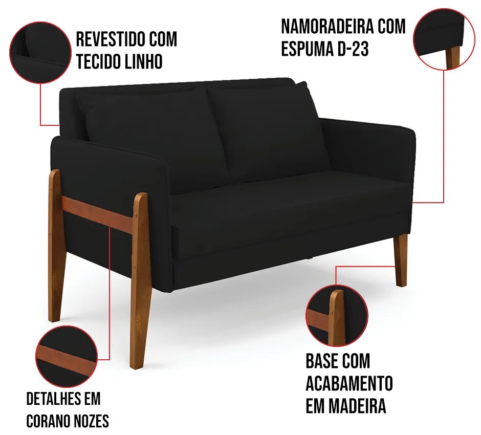 Sofá Namoradeira Lana Linho Base de Madeira D03 - D'Rossi - A79 Preto
