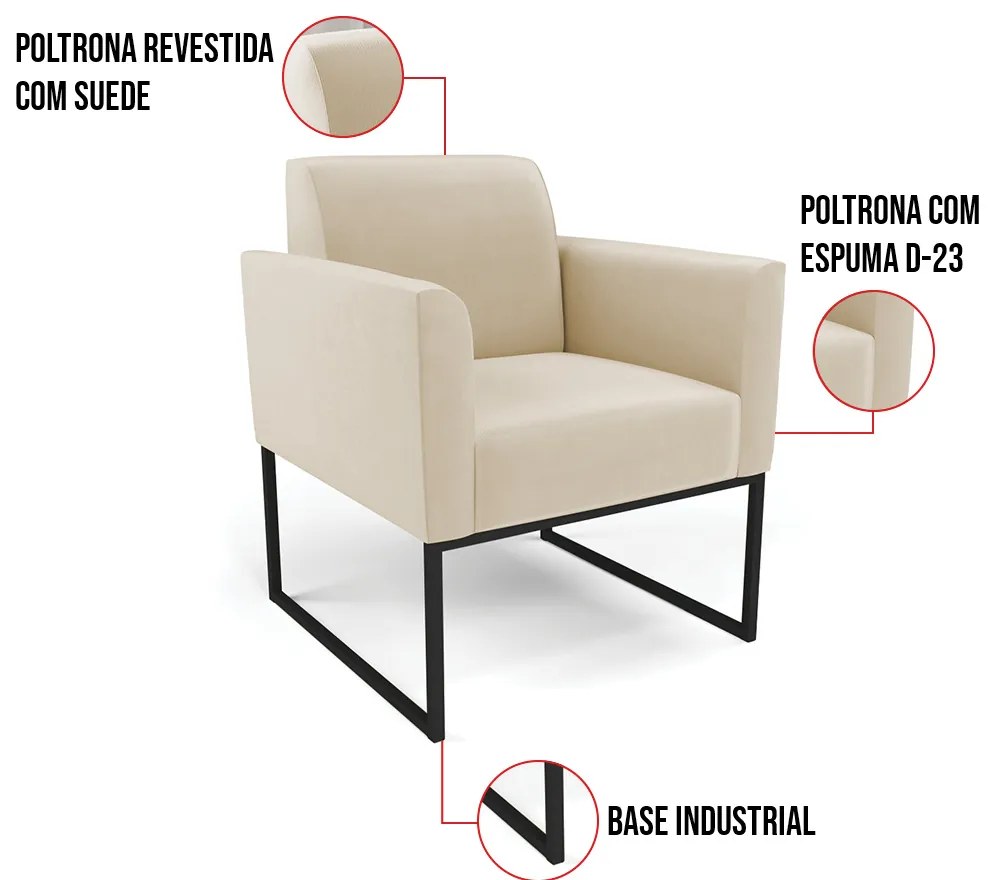 Kit 2 Poltronas Base Industrial Preto Marisa Suede - Bege