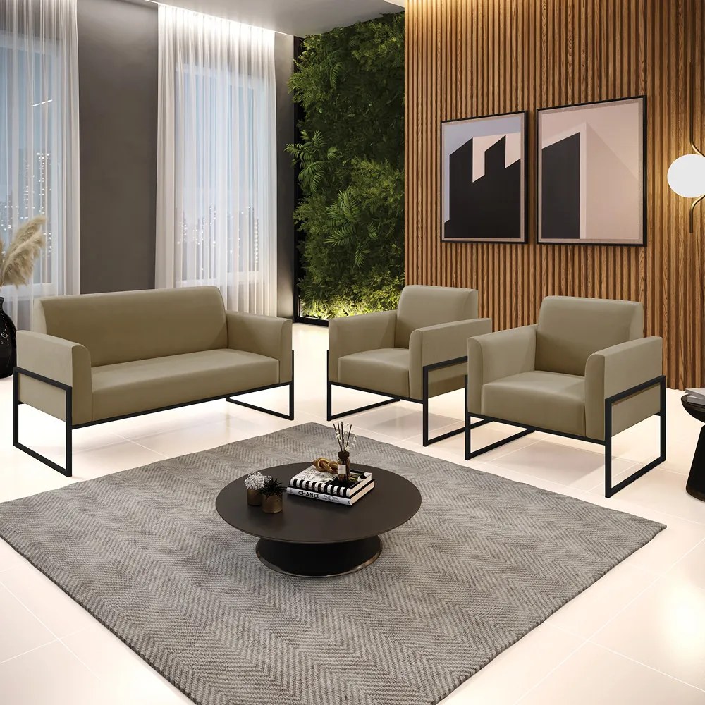 Sofá Namoradeira com 2 Poltronas Base Industrial Alta Preto Marisa Suede D03 - D'Rossi - Marrom Rato