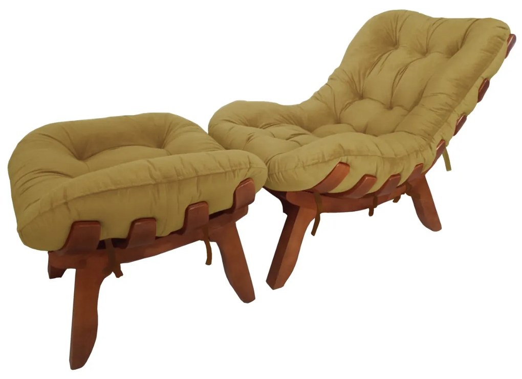 Conjunto Poltrona Decorativa Costela com Puff Costela Veludo Mostarda