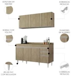 Armário Cozinha e Balcão Com Tampo 150cm Marrocos Castanho  - Lumil