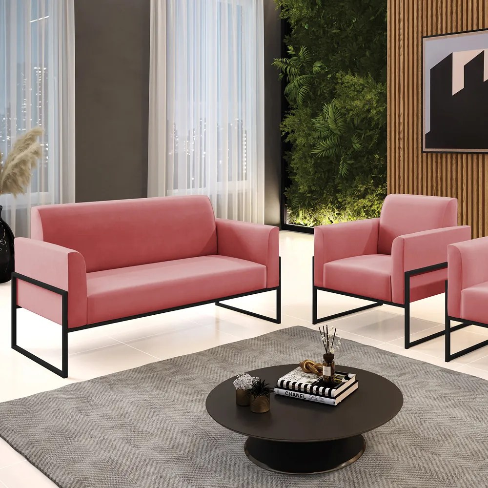 Sofá Namoradeira com Poltrona Base Industrial Alta Preto Marisa Suede D03 - D'Rossi - Rose