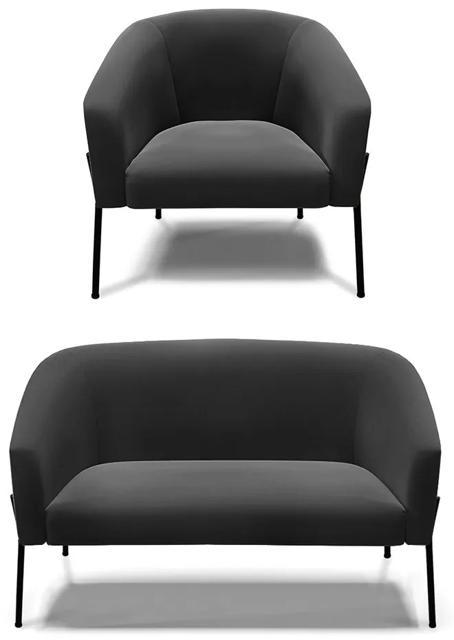 Sofá Namoradeira e Poltrona Pé de Ferro Preto Stella Suede D03 - D'Rossi - Preto