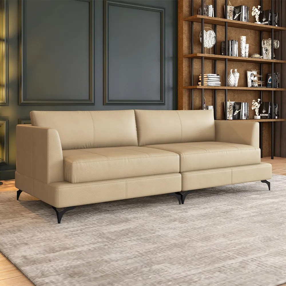 Sofá Living Bipartido 230cm Indonésia Pés de Ferro Couro Bege G52 - Gran Belo