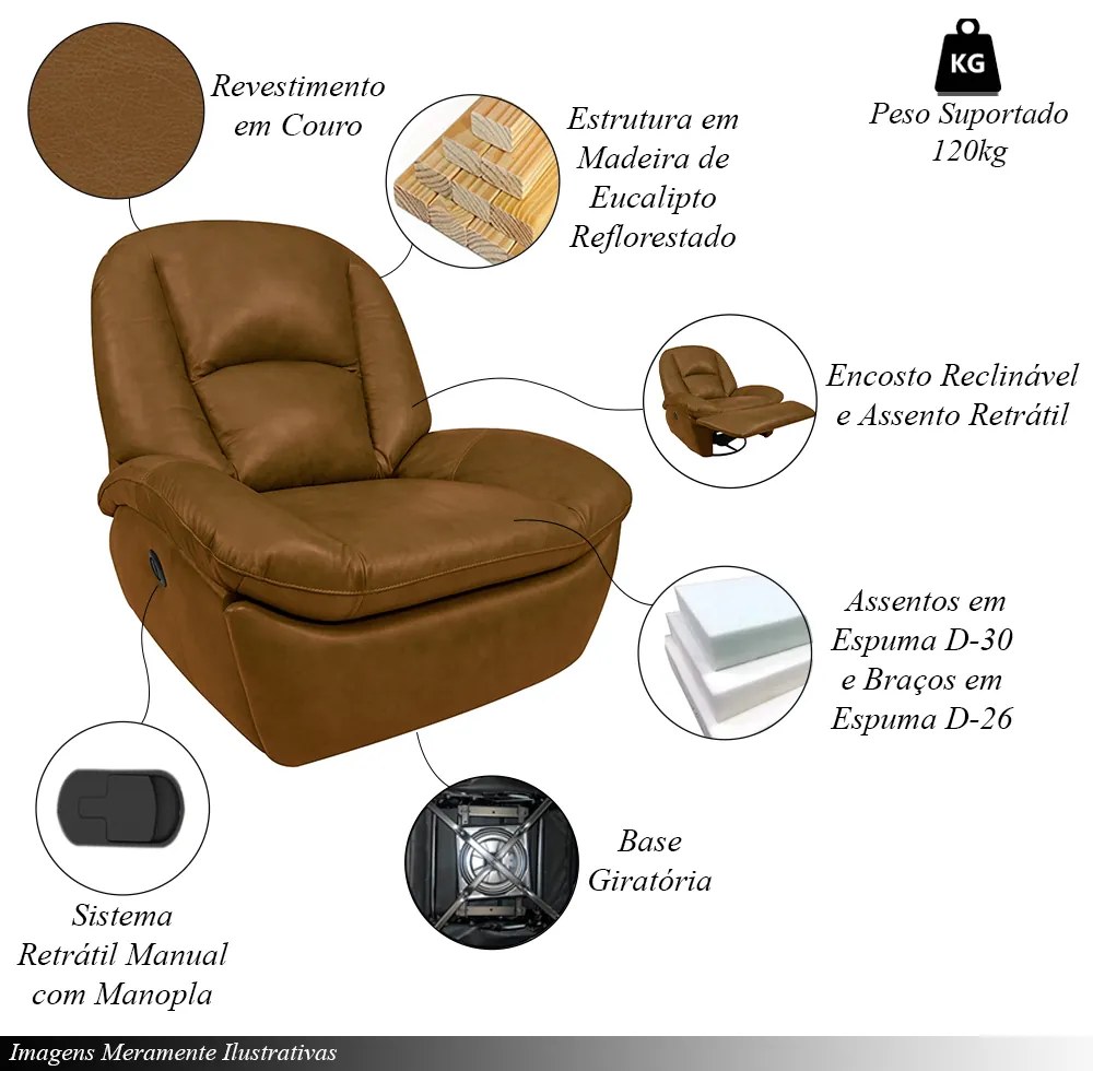 Poltrona do Papai Sala de Cinema Reclinável Carrie Manual Glider Giratória Couro Caramelo Manchado G40 - Gran Belo