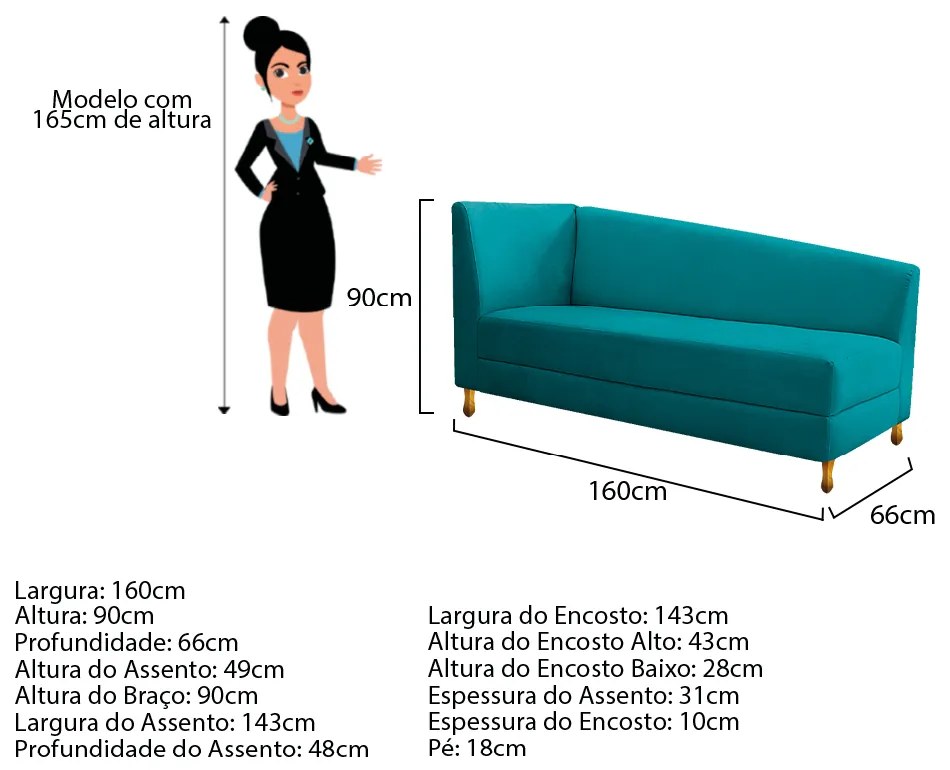 Recamier Valéria 160cm Lado Esquerdo Suede Azul Turquesa - ADJ Decor