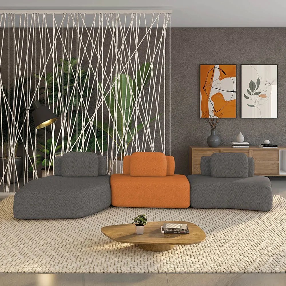 Sofá 3 Lugares Orgânico com Chaise e 2 Módulos Berlim Bouclê Grafite/Caramelo K01 - D'Rossi