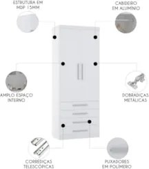 Guarda Roupa Modulado 90cm 2 Portas 4 Gavetas Taiga Branco L01 - Mpoze