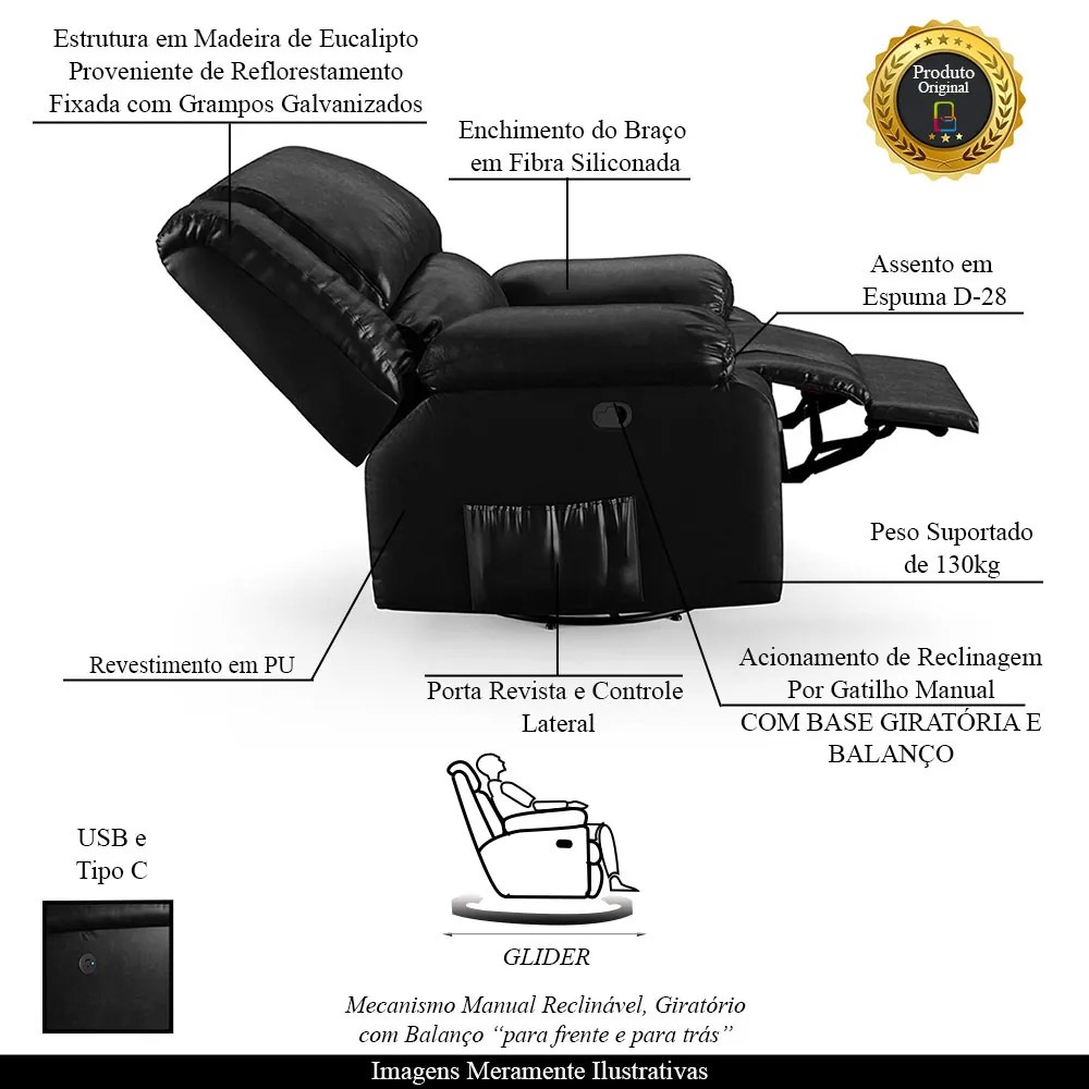 Poltrona do Papai Reclinável Sala de Cinema Madrid Glider Manual Giratória USB PU Preto Brilho G23 - Gran Belo