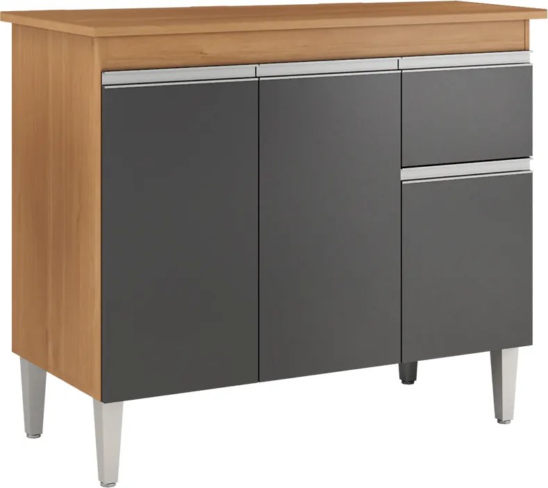 Balcão Cozinha com Tampo 100cm 3 Portas Taylla A01 - D'Rossi - Amendoa e Preto