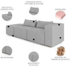 Sofá 5 Lugares 343cm Com Puff Esquerdo Fay Veludo Cinza Z55 - Mpozenat