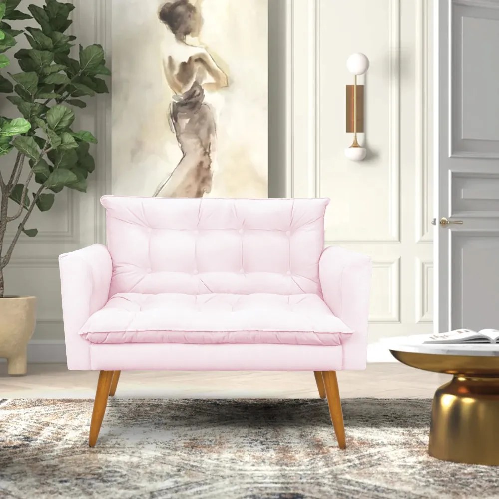 Sofá Namoradeira Tais Suede Rosa Bebê Pés Palito Castanho - D'Rossi