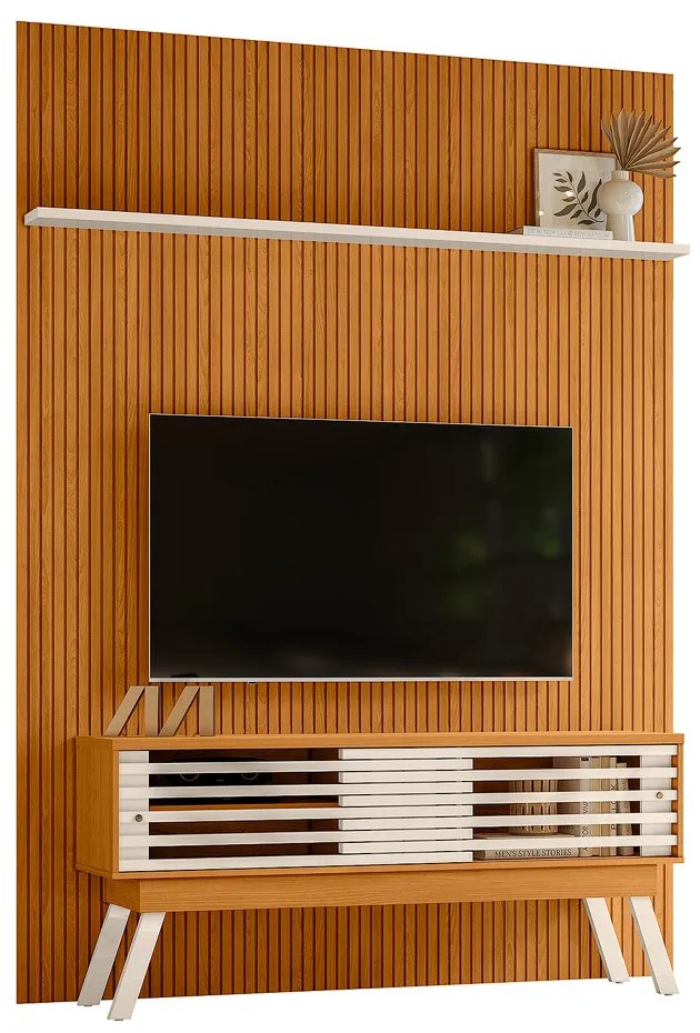 Painel TV 65 Pol 179cm Ripado Valen e Bancada Orlin Cinamomo/Off White M20 - D'Rossi