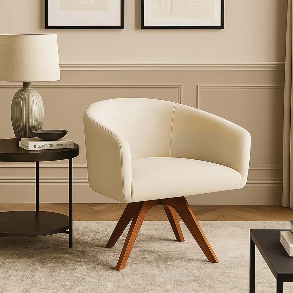 Poltrona Sala Base Giratória Madeira Arielle Linho D03 - D'Rossi - Bege