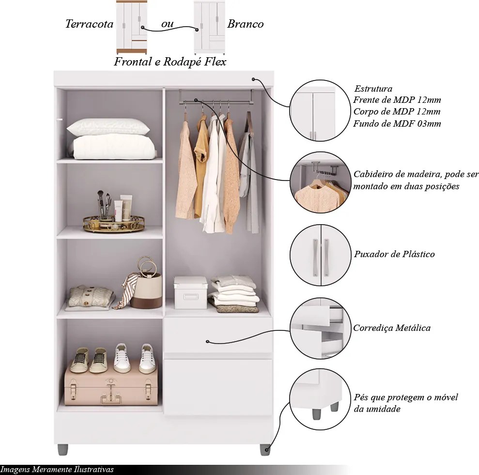 Guarda Roupa Flex Solteiro Abruzzo 4 Portas de Bater 2 Gavetas Branco/Terracota G98 - Gran Belo