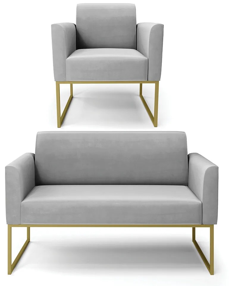 Sofá Namoradeira com Poltrona Base Industrial Dourado Marisa Suede Cinza D03 - D'Rossi