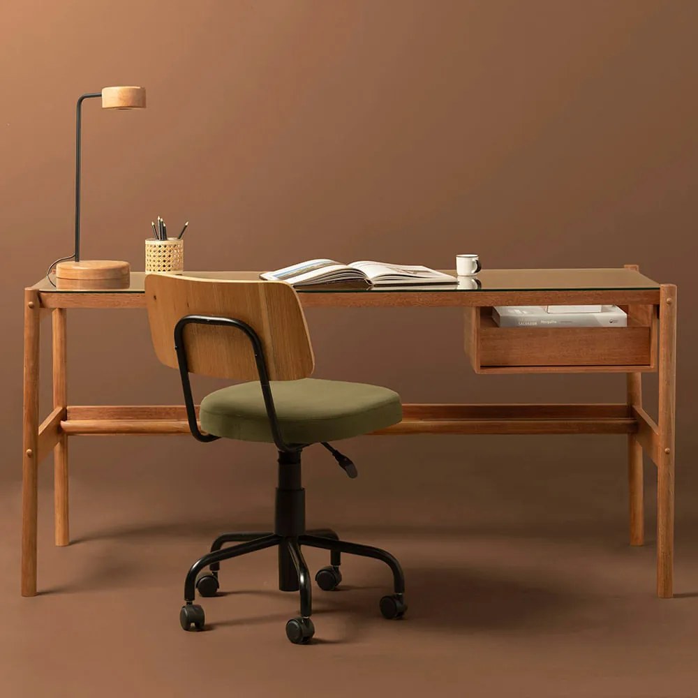 Conjunto Office - Escrivaninha Arp Nozes com Tampo em Vidro 1,60m + Cadeira de Escritório Cult Freijó e Verde Musgo
