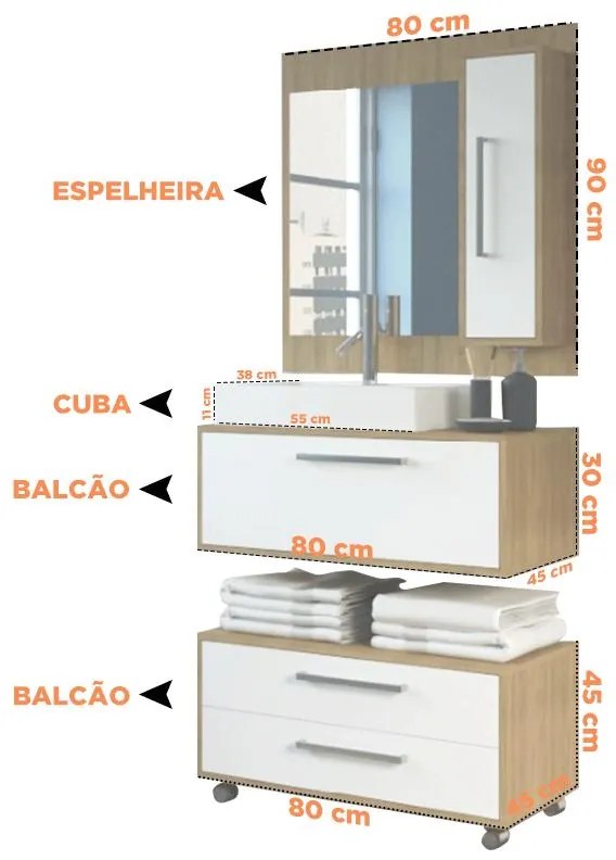 Conjunto de Banheiro Completo Grécia Balcão Painel Cuba Kit Torneira