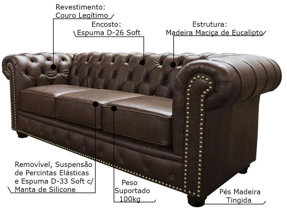 Sofá 3 Lugares Sala de Estar 235cm Chesterfield Pés Madeira Couro Marrom G40 - Gran Belo