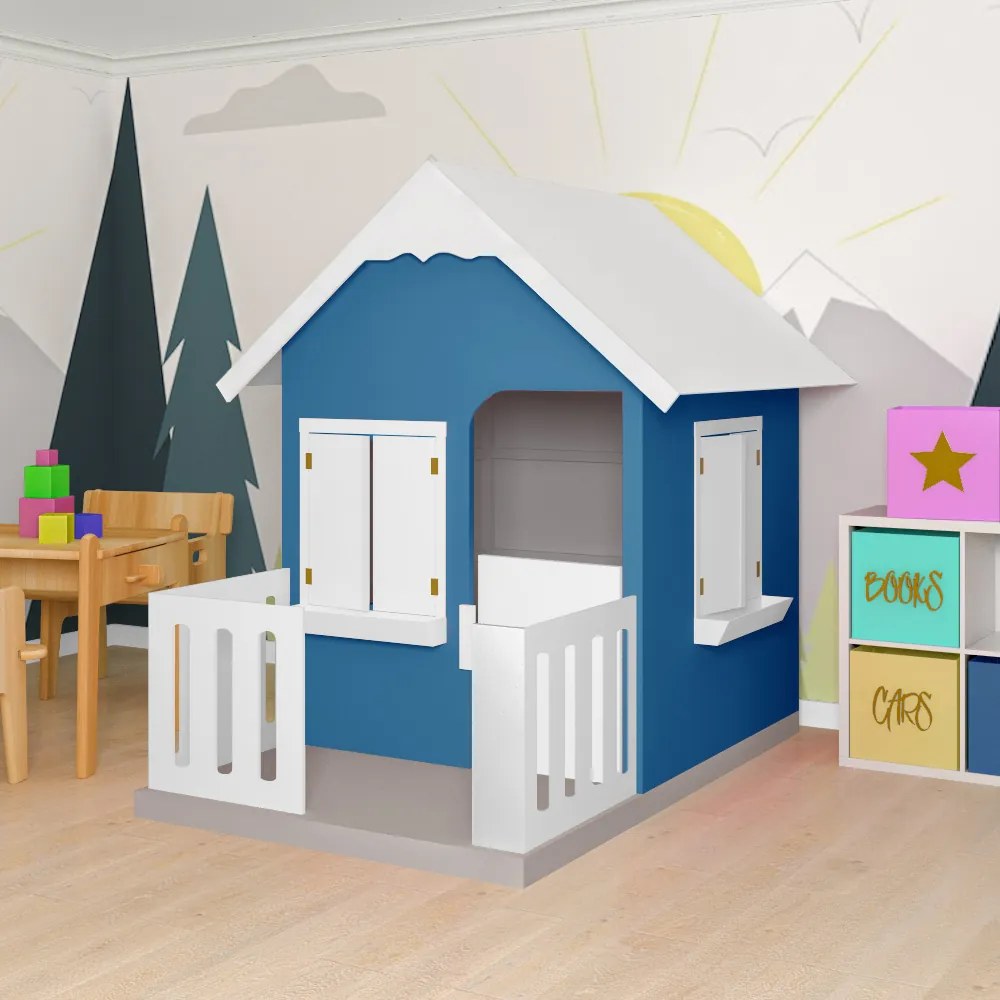 Casinha De Brinquedo Com Cercado Floreiros MDF Azul/Branco L12 - Gran Belo