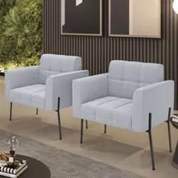 Poltrona Para Sala Pé Metal Preto Kit 2 Ana Bouclé Cinza - Ibiza