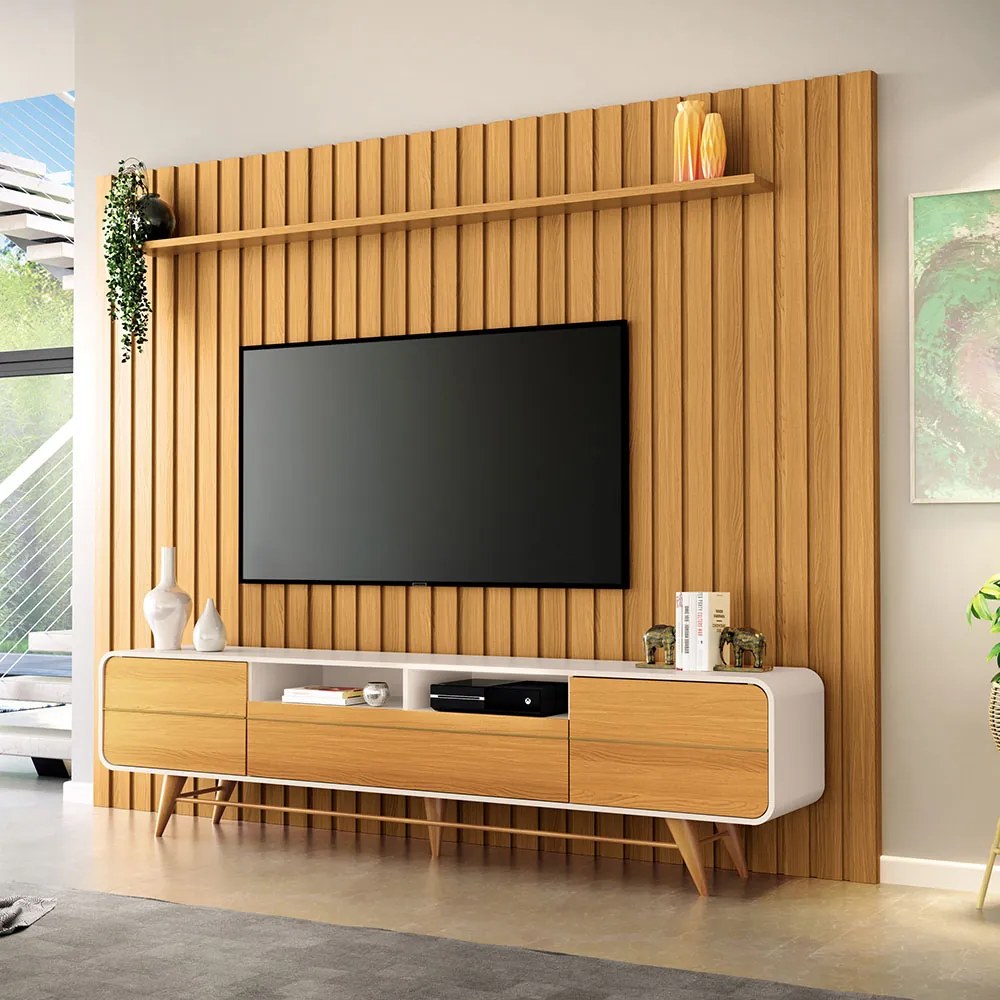 Rack para Sala Bancada de TV 85 Pol 220cm Alissa H01 - D'Rossi - Off White e Cinamomo