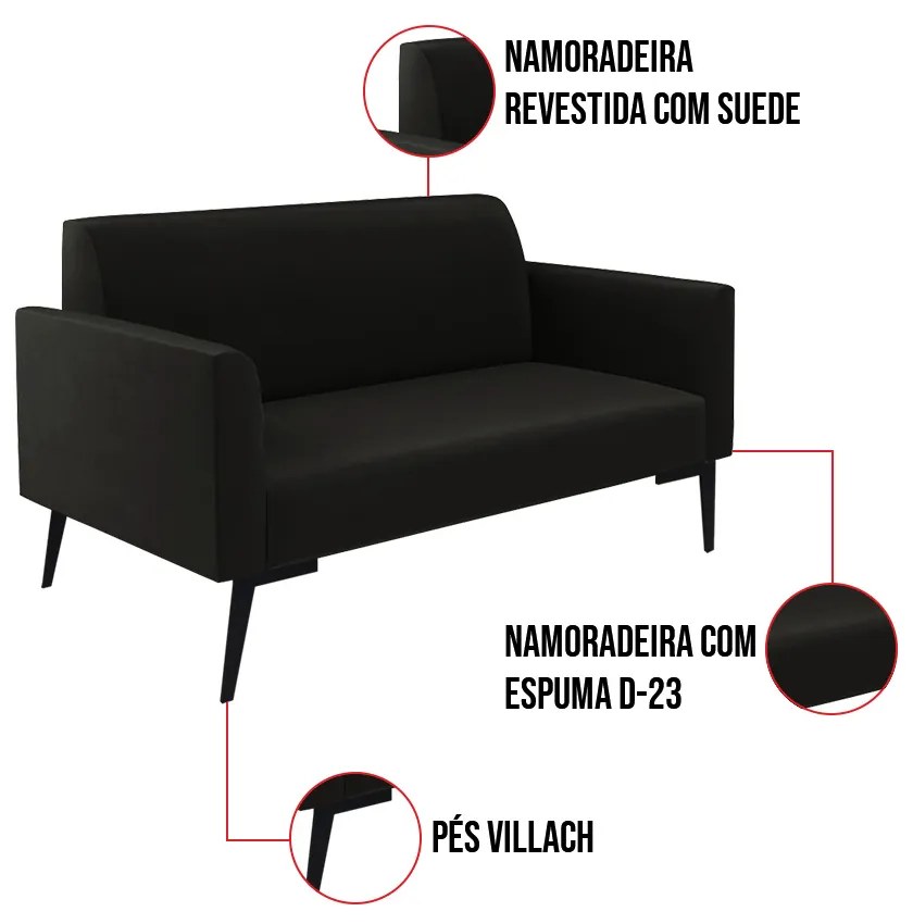 Sofá Namoradeira com Poltrona Pés Villach Marisa Suede D03 - D'Rossi - Preto