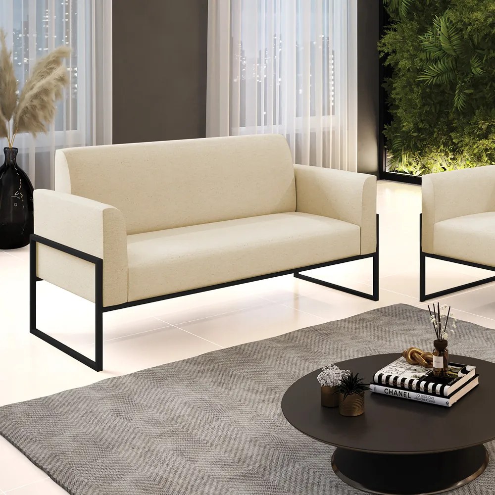Sofá Namoradeira Base Industrial Alta Preto Marisa Linho D03 - DRossi - A19 Bege