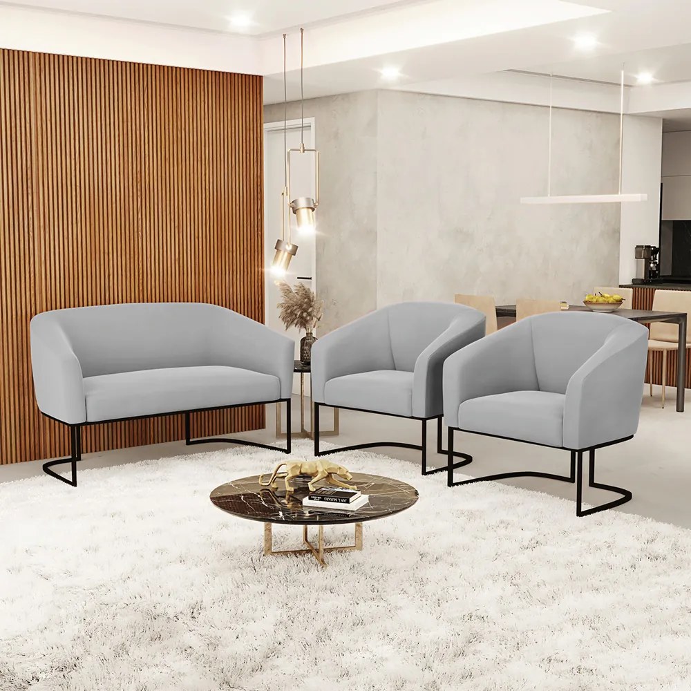 Namoradeira e 2 Poltronas Industrial Preto Stella Suede D03 - D'Rossi - Cinza