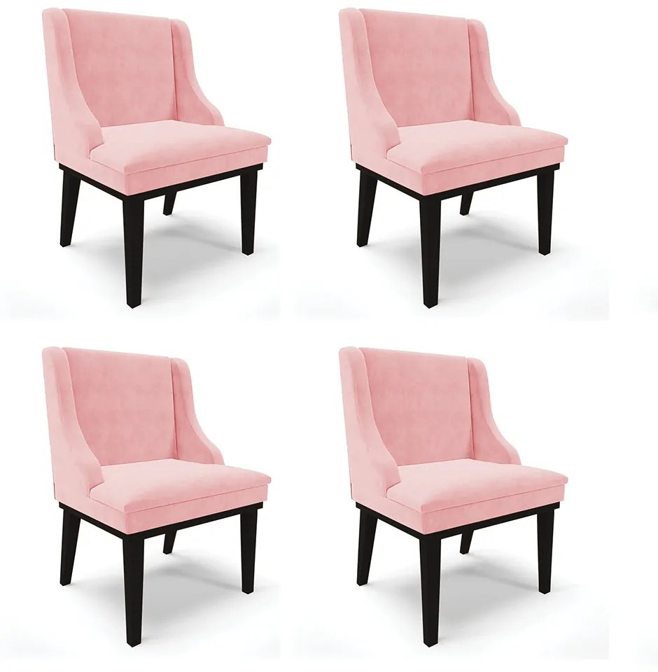 Kit 04 Cadeiras de Jantar Liz Suede Rosa Bebê Base Fixa Madeira Preto D03 - D'Rossi