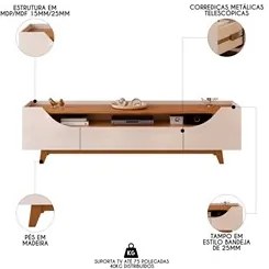 Rack Para Sala Bancada de TV 75 Pol 219cm Pés Madeira Giulia D04 Off W