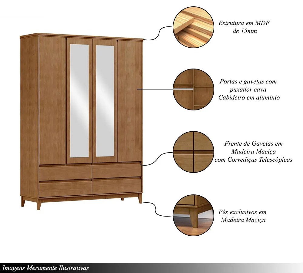 Guarda Roupa MDF 4 Portas Cullen 4 Gavetas Freijó G74 - Gran Belo