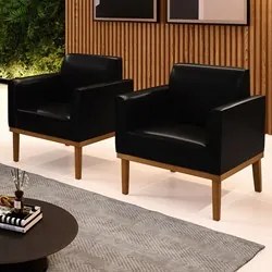 Poltrona Base Madeira Castanho Kit 2 Maressa Sintético PU Preto - Ibiz