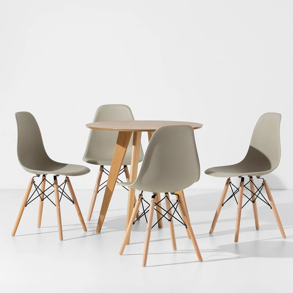 Conjunto Mesa Square Redonda Louro Freijó 80cm + 4 Cadeiras Eiffel - Bege acinzentado