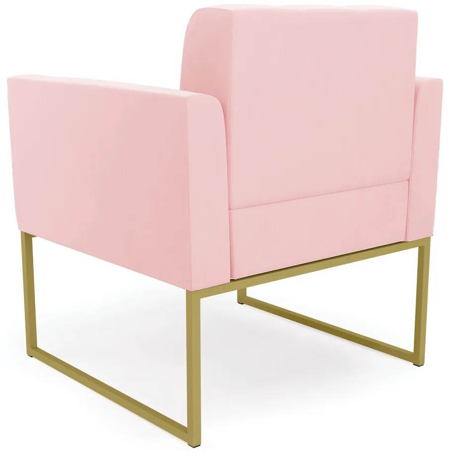 Kit 1 Sofá Namoradeira e 2 Poltronas Elisa Suede Rosa Bebê Base Metálica Industrial Dourado - D'Rossi