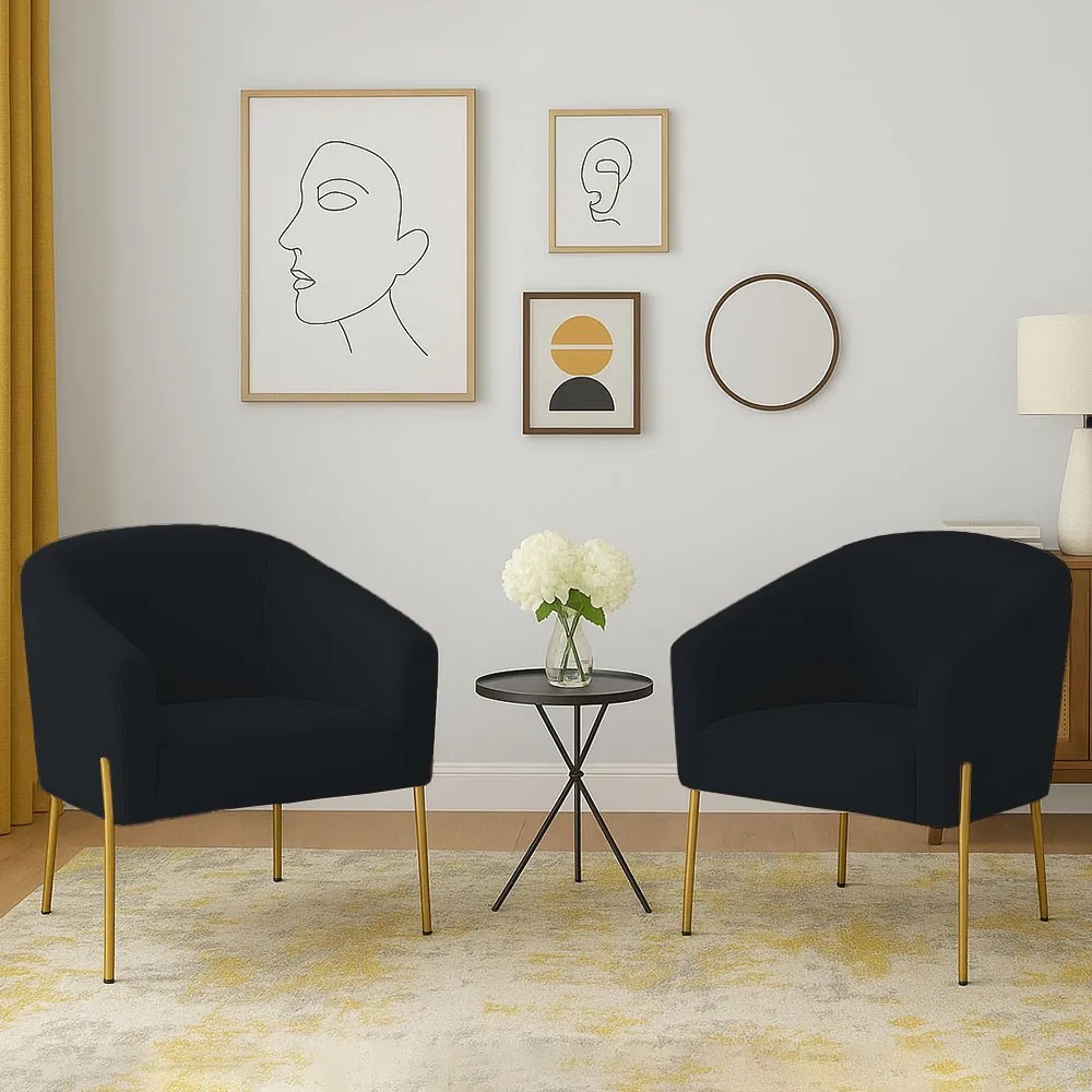 Poltrona Decorativa Pé de Ferro Dourado Kit 2 Stella Suede D03 - D'Rossi - Preto