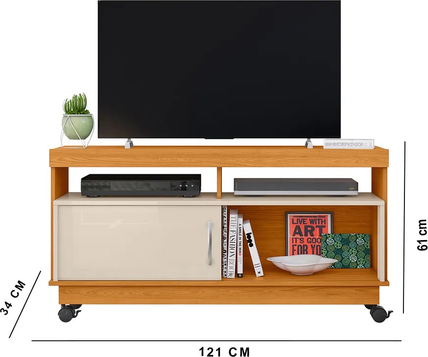 Rack TV 50 Pol 121cm Bancada com Rodízio Sala Zorin Cinamomo/Off White M20 - D'Rossi