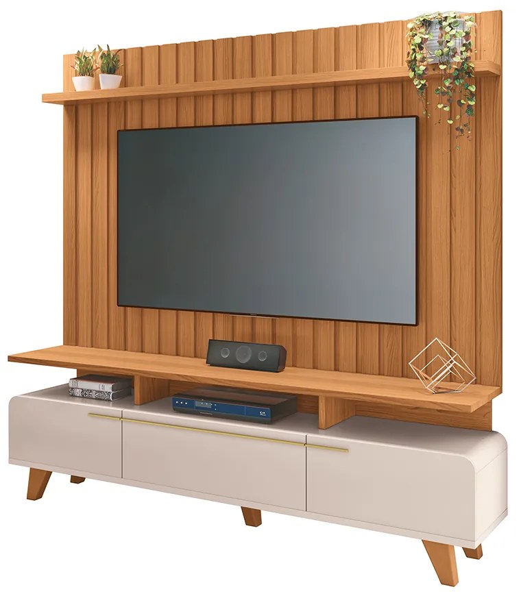 Conjunto Decorativo Bancada Essenza e Painel Suspenso Link MDP/MDF Off White/Cinamomo G26 - HB Móveis