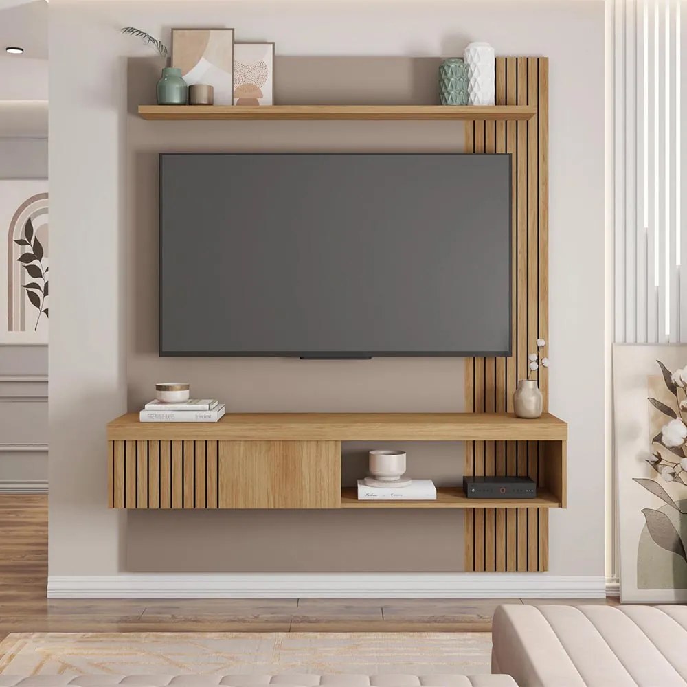 Painel TV 55 Pol 150cm Bancada Suspensa Ripado Luana Fendi/Buriti C01 - D'Rossi