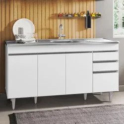 Balcão Gabinete com Pia Inox 150cm 4 Portas 2 Gavetas Marrocos Branco