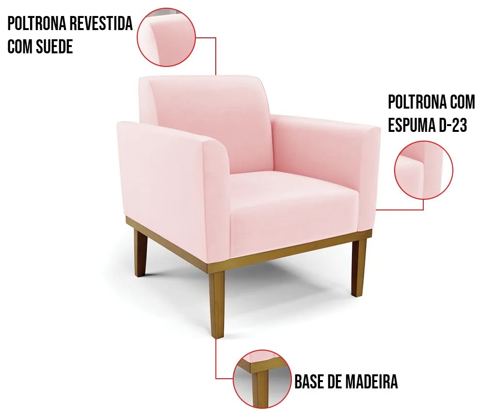 Kit 2 Poltronas Base de Madeira Fixa Castanho Marisa Suede D03 - D'Rossi - Rosa Bebê