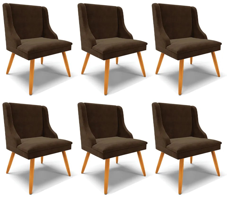 Kit 6 Cadeiras Decorativas Sala de Jantar Pés Palito de Madeira Firenze Suede Marrom/Natural G19 - Gran Belo