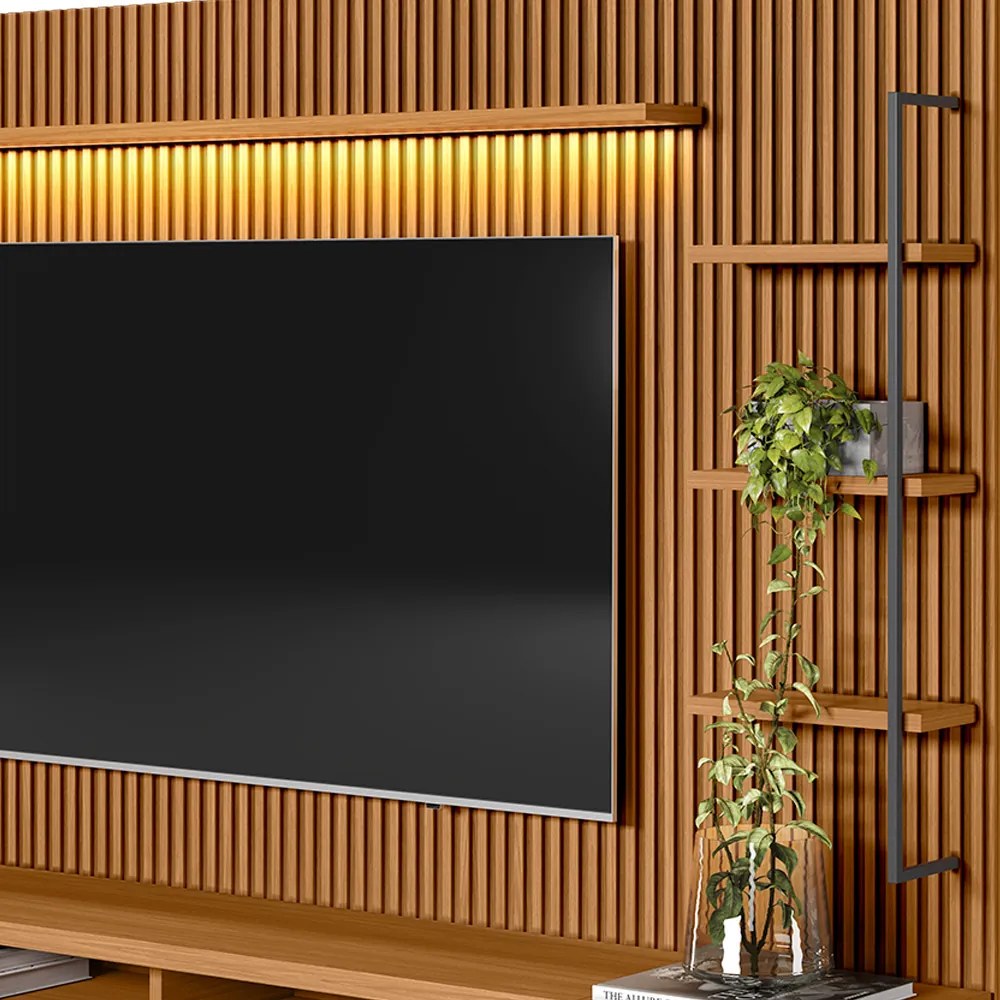 Painel para TV até 75 Polegadas Ripado Betina com Rack Bancada e Módulo Lateral Direito Nature e Off White 224x198 cm L04 - D'Rossi