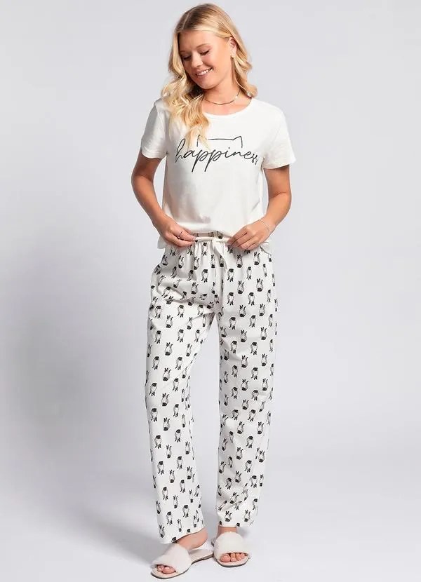 Pijama Off White/Gatos em Malha de Algodão