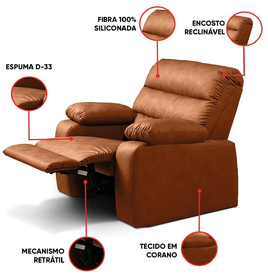 Poltrona do Papai Reclinável Retrátil Naaman Sintético PU K01 - D'Rossi - Nozes