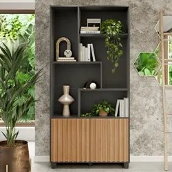 Estante Livreiro 2 Portas Ripadas Nessie D01 Preto Fosco/Freijó - Mpoz